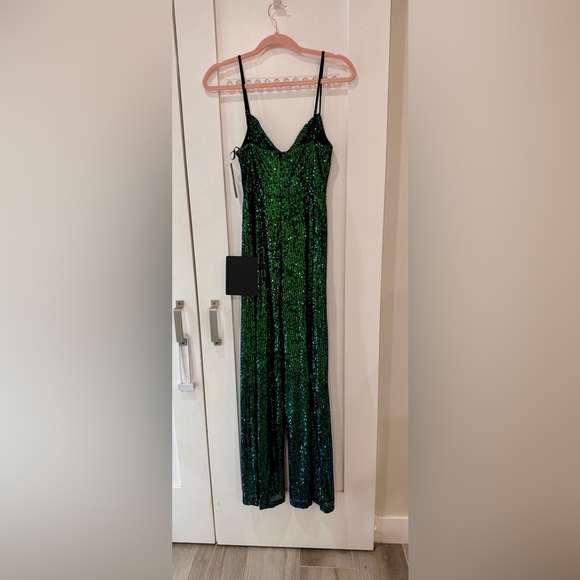 NWT Lulu’s Green Iridescent Sequin Wide-Leg Jumpsuit - Picture 7 of 15